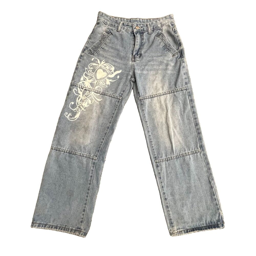 Wide-leg Blue Denim Jeans Sz SM Med Wash Bleach-design Heart Floral Mid-rise